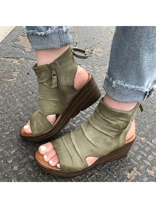 Women's Sandals Wedge Sandals Booties Ankle Boots Lace-up Wedge Heel Peep Toe PU Zipper Solid Colored Light Brown Green Black / Booties / Ankle Boots #8635348