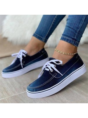 Women's Sneakers Lace-up Flat Heel Round Toe Canvas Lace-up Solid Colored Black Dark Blue Light Blue #8790817
