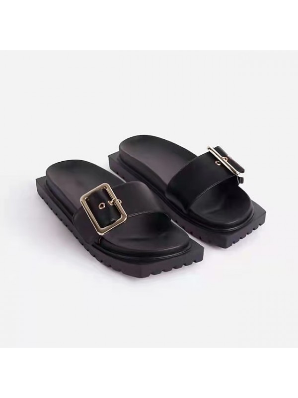 Women's Slippers Buckle Flat Heel Peep Toe Casual Daily PU Leather Loafer Summer Solid Colored White Black Light Green #9027871