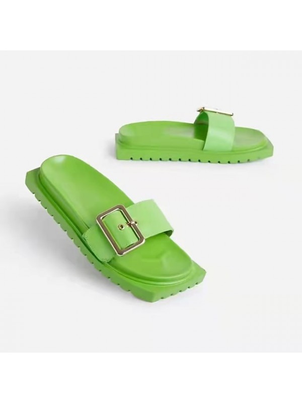 Women's Slippers Buckle Flat Heel Peep Toe Casual Daily PU Leather Loafer Summer Solid Colored White Black Light Green #9027871