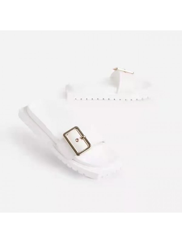 Women's Slippers Buckle Flat Heel Peep Toe Casual Daily PU Leather Loafer Summer Solid Colored White Black Light Green #9027871