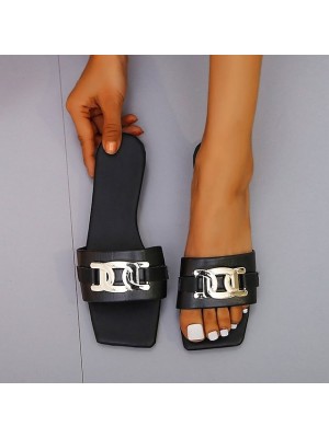 Women's Sandals Flat Heel Square Toe PU Solid Colored Almond White Black #8705822