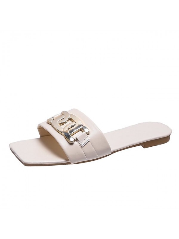 Women's Sandals Flat Heel Square Toe PU Solid Colored Almond White Black #8705822