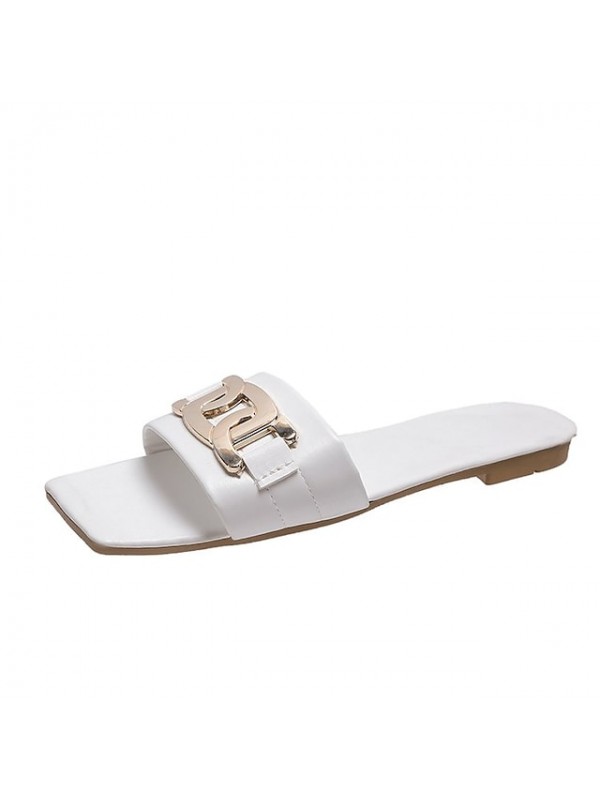 Women's Sandals Flat Heel Square Toe PU Solid Colored Almond White Black #8705822