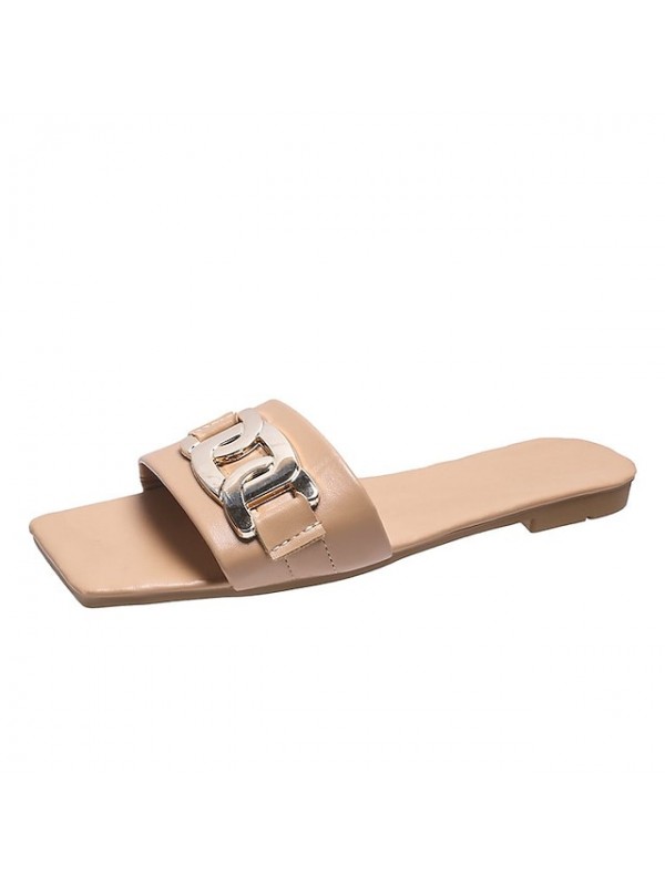 Women's Sandals Flat Heel Square Toe PU Solid Colored Almond White Black #8705822