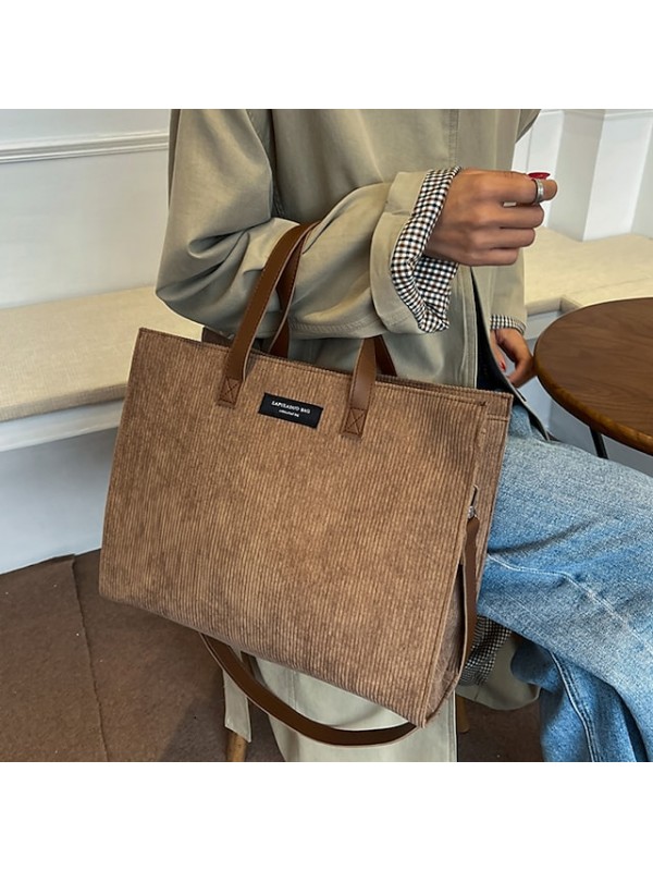 Women's Retro Tote Handbags Satchel Crossbody Bag Top Handle Bag Corduroy Velvet Zipper Solid Color Daily Outdoor Black Khaki Brown Coffee #8921838