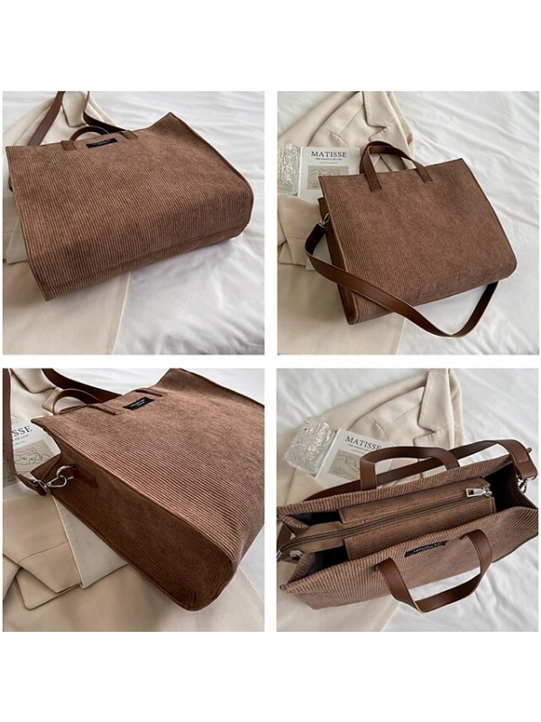 Women's Retro Tote Handbags Satchel Crossbody Bag Top Handle Bag Corduroy Velvet Zipper Solid Color Daily Outdoor Black Khaki Brown Coffee #8921838