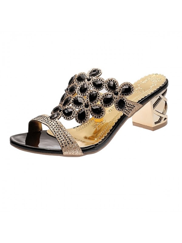 Women's Sandals Block Heel Sandals Rhinestone Chunky Heel Peep Toe Casual Daily PU Loafer Summer Solid Colored Green Black Gold #8522989