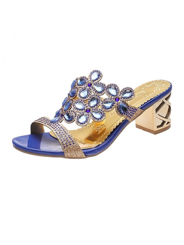 Women's Sandals Block Heel Sandals Rhinestone Chunky Heel Peep Toe Casual Daily PU Loafer Summer Solid Colored Green Black Gold #8522989