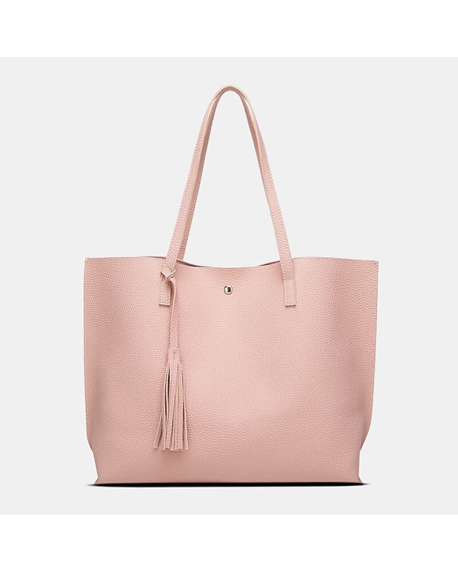 women pu leather lychee pattern large capacity casual tassel solid tote shoulder bag handbag #8483617