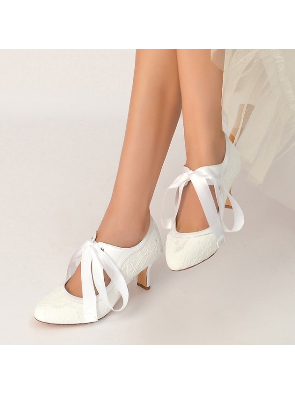 Women's Wedding Shoes Dress Shoes Bridal Shoes Bowknot Ribbon Tie Chunky Heel Round Toe Elegant Sweet Party Wedding Lace Satin Lace-up Spring Summer Embroidered White Black Champagne #9034561