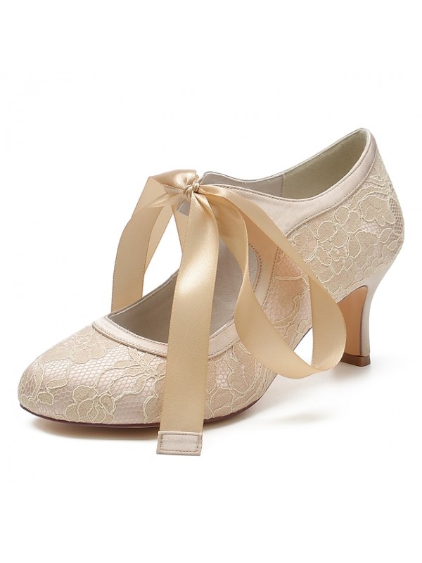 Women's Wedding Shoes Dress Shoes Bridal Shoes Bowknot Ribbon Tie Chunky Heel Round Toe Elegant Sweet Party Wedding Lace Satin Lace-up Spring Summer Embroidered White Black Champagne #9034561