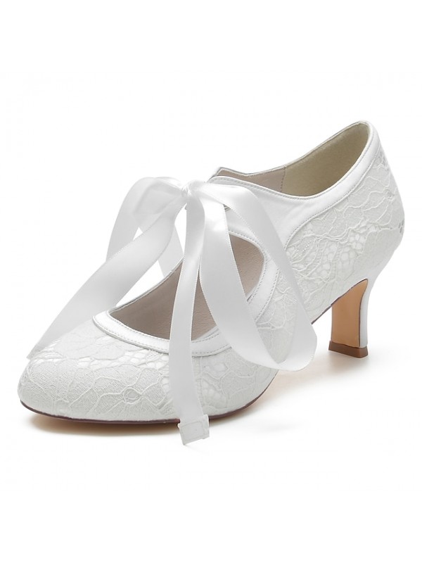 Women's Wedding Shoes Dress Shoes Bridal Shoes Bowknot Ribbon Tie Chunky Heel Round Toe Elegant Sweet Party Wedding Lace Satin Lace-up Spring Summer Embroidered White Black Champagne #9034561