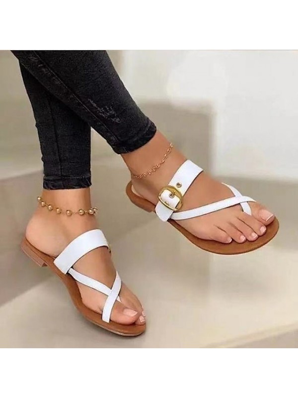 Women's Sandals Boho Bohemia Beach Buckle Flat Heel Round Toe PU Loafer Solid Colored Dark Brown White Black #8590509