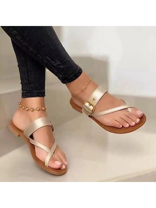 Women's Sandals Boho Bohemia Beach Buckle Flat Heel Round Toe PU Loafer Solid Colored Dark Brown White Black #8590509