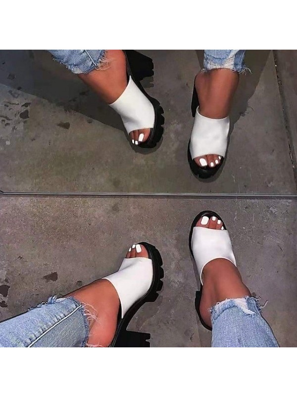 Women's Mules Platform Sandals Plus Size Heeled Mules Platform Chunky Heel Open Toe Casual Daily PU Leather Loafer Spring Summer Solid Colored Green White Black #9019093