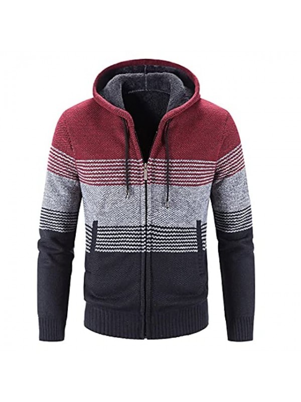 men's full zip hooded cardigan stripes sweatshirt casual thick knitted sweater jacket with pockets heavy warm fleece lined hoodie jackets winter cashmere wool cardigan sweaters knitwear sweatercoat #8841404