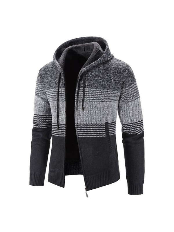 men's full zip hooded cardigan stripes sweatshirt casual thick knitted sweater jacket with pockets heavy warm fleece lined hoodie jackets winter cashmere wool cardigan sweaters knitwear sweatercoat #8841404