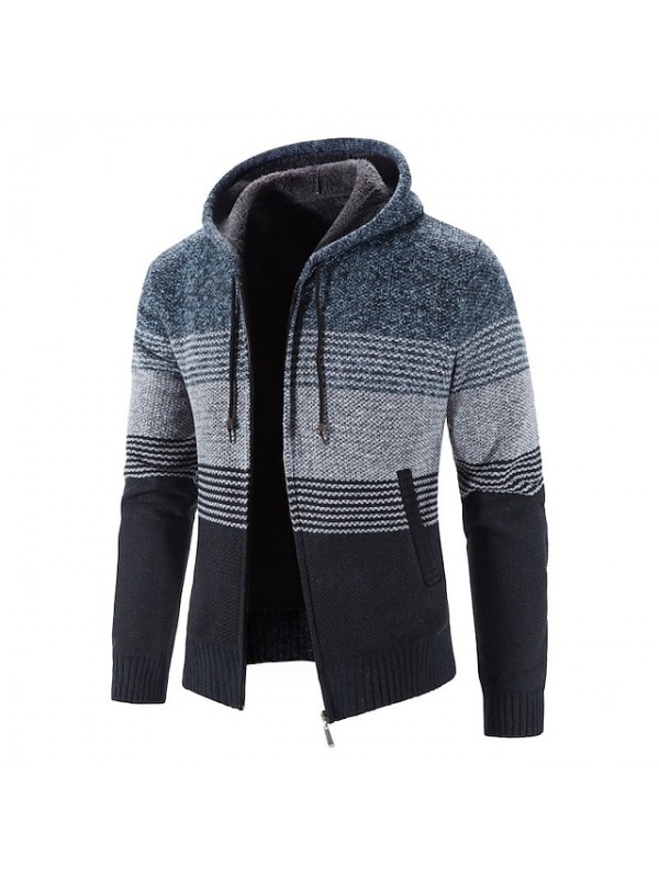 men's full zip hooded cardigan stripes sweatshirt casual thick knitted sweater jacket with pockets heavy warm fleece lined hoodie jackets winter cashmere wool cardigan sweaters knitwear sweatercoat #8841404