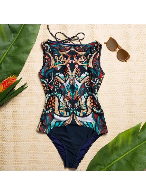 Women's One Piece Swimsuit High Neck Bodysuit Bathing Suit Floral Swimwear Green Black Breathable Quick Dry Comfortable Sleeveless - Swimming Surfing Beach Summer #8564149