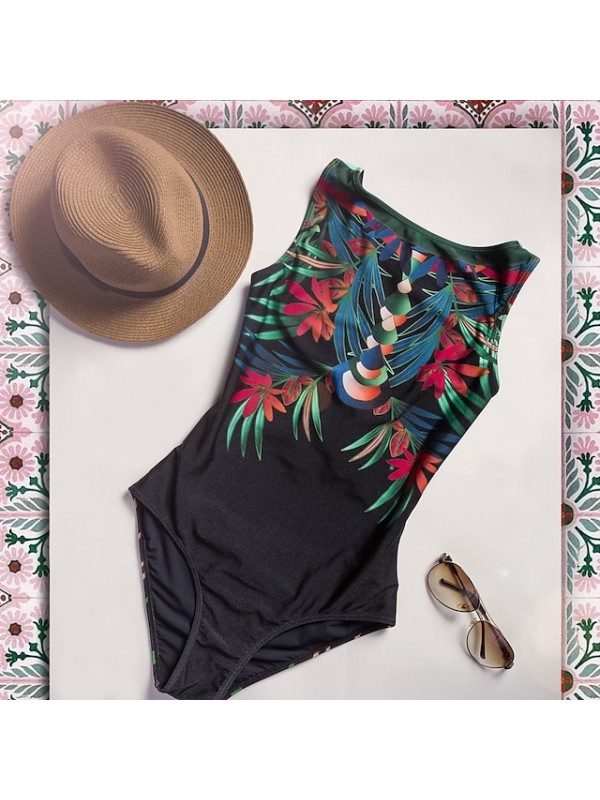 Women's One Piece Swimsuit High Neck Bodysuit Bathing Suit Floral Swimwear Green Black Breathable Quick Dry Comfortable Sleeveless - Swimming Surfing Beach Summer #8564149
