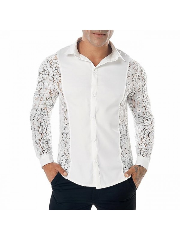 Men's See Through Flower Lace Hollow Shirt Long Sleeve Turn Down Collar Button Down Sheer Blouse Ballroom Party Shirt #9028670