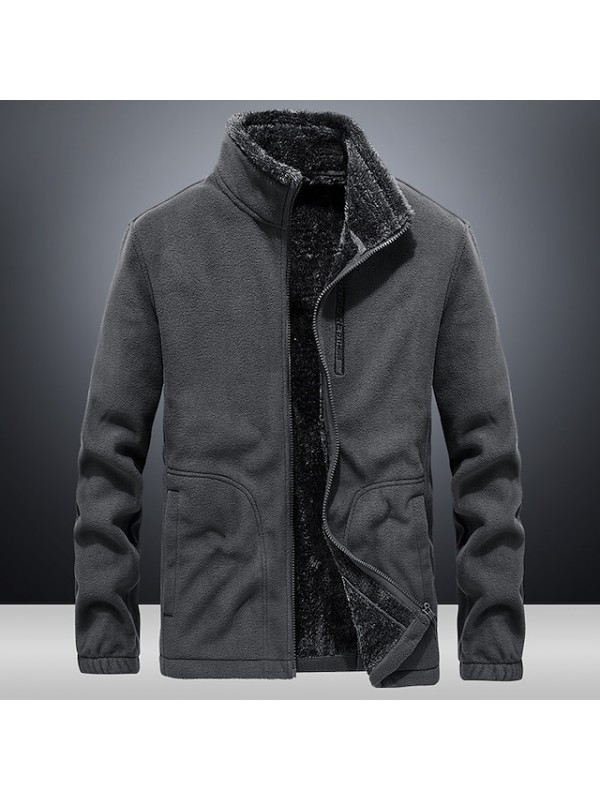 Men's Hiking Fleece Jacket Windbreaker Polar Fleece Winter Outdoor Solid Color Thermal Warm Windproof Lightweight Stand Collar Outerwear Trench Coat Top Single Slider Hunting Fishing Climbing Blue #7898167