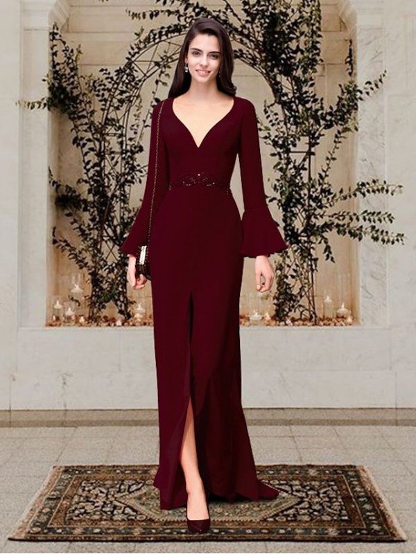 Sheath / Column Mother of the Bride Dress Elegant V Neck Sweep / Brush Train Stretch Fabric Long Sleeve with Split Front 2022 #9002655