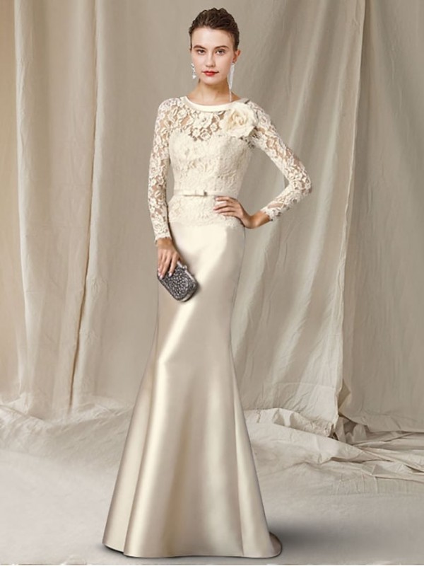 A-Line Mother of the Bride Dress Elegant V Neck Sweep / Brush Train Lace Satin Long Sleeve with Bow(s) Flower 2022 #9013182