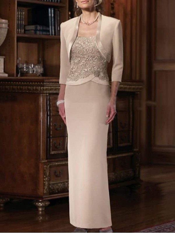 Sheath / Column Mother of the Bride Dress Plus Size Elegant Straight Neckline Floor Length Chiffon Lace Satin Sleeveless with Sash / Ribbon Appliques 2022 #7565978