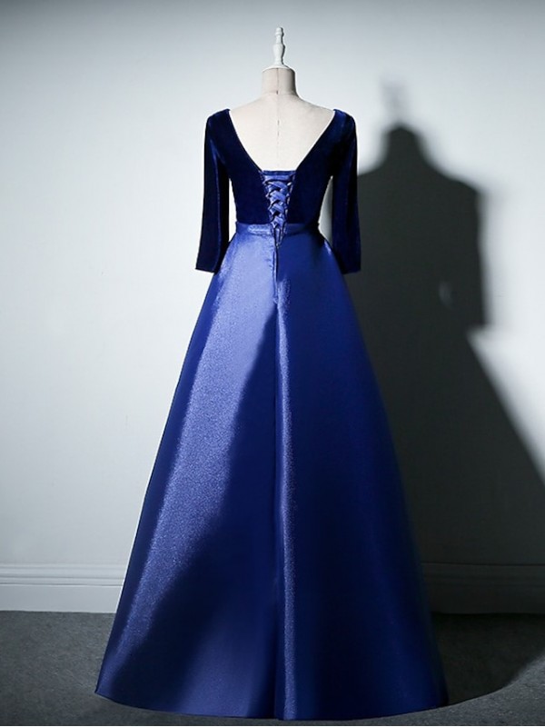 A-Line Mother of the Bride Dress Simple Elegant V Neck Floor Length Taffeta Velvet Long Sleeve with Pleats 2022 #8947864