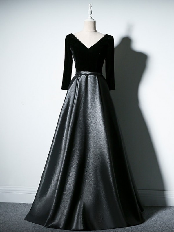 A-Line Mother of the Bride Dress Simple Elegant V Neck Floor Length Taffeta Velvet Long Sleeve with Pleats 2022 #8947864