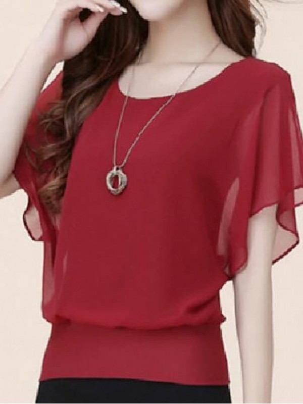 womens round neck casual chiffon blouse and top summer short sleeve shirts tunics (x-large, black) #8224989