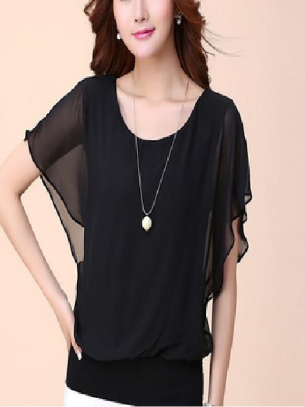 womens round neck casual chiffon blouse and top summer short sleeve shirts tunics (x-large, black) #8224989