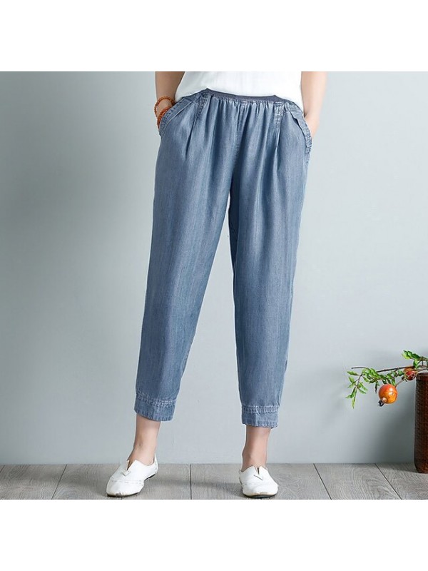 Women's Fashion Chinos Side Pockets Elastic Waist Ankle-Length Pants Casual Weekend Inelastic Plain Comfort Mid Waist Blue Dark Blue XL XXL 3XL 4XL #9024717
