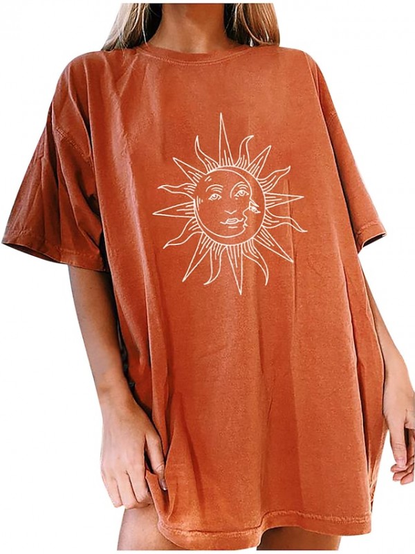 women's moon and sun tshirt oversized vintage graphic t-shirt sweatshirt crewneck cute sun shirt loose casual (orange h, s) #8601973