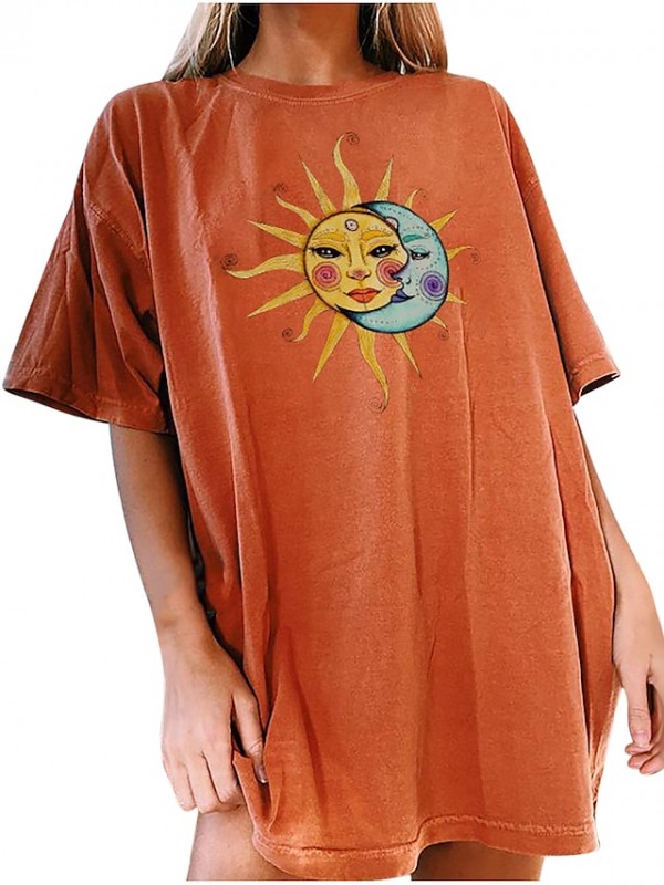 women's moon and sun tshirt oversized vintage graphic t-shirt sweatshirt crewneck cute sun shirt loose casual (orange h, s) #8601973