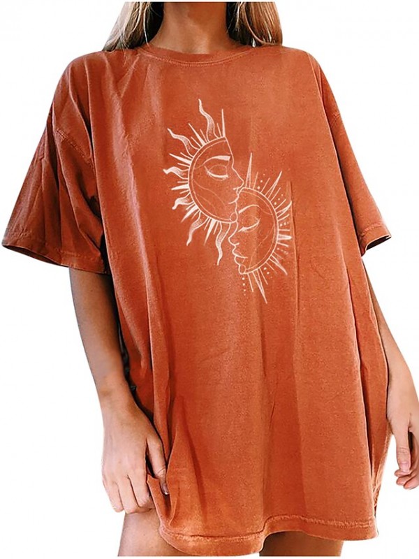 women's moon and sun tshirt oversized vintage graphic t-shirt sweatshirt crewneck cute sun shirt loose casual (orange h, s) #8601973
