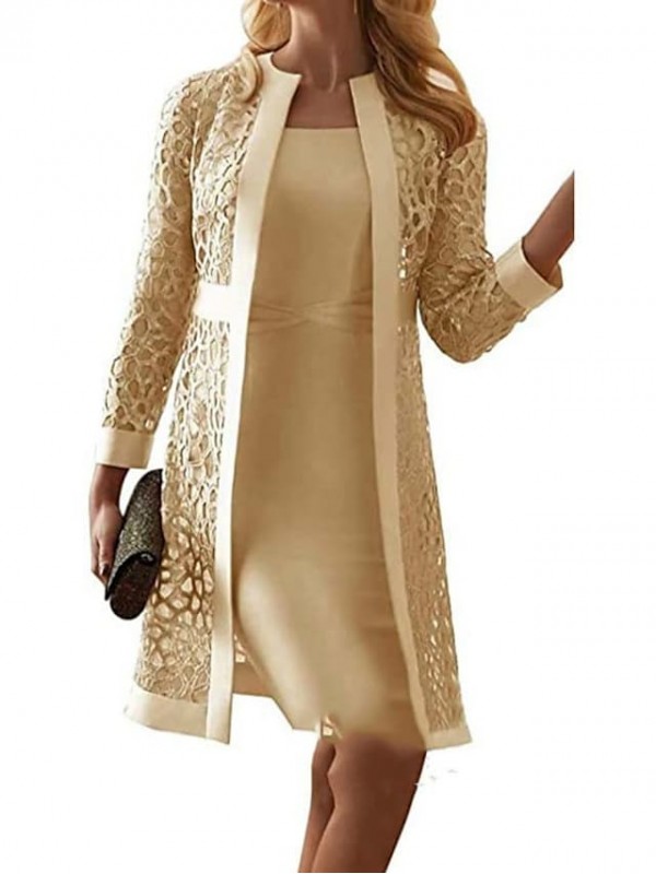 Women's Two Piece Dress Knee Length Dress Purple Pink Gray Yellow Light Blue Long Sleeve Solid Color Lace Fall Winter Round Neck Work Elegant Party 2022 S M L XL XXL 3XL 4XL 5XL / Party Dress #8860961