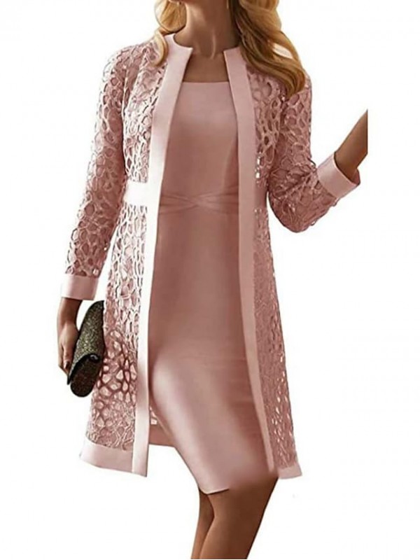 Women's Two Piece Dress Knee Length Dress Purple Pink Gray Yellow Light Blue Long Sleeve Solid Color Lace Fall Winter Round Neck Work Elegant Party 2022 S M L XL XXL 3XL 4XL 5XL / Party Dress #8860961