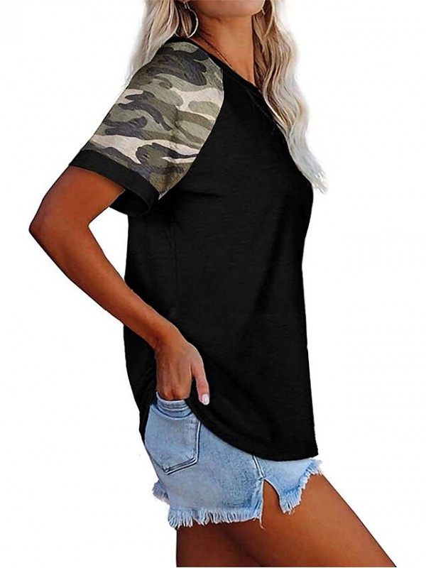Women's Painting T shirt Camo Print Round Neck Basic Tops Green Blue Black #9027945