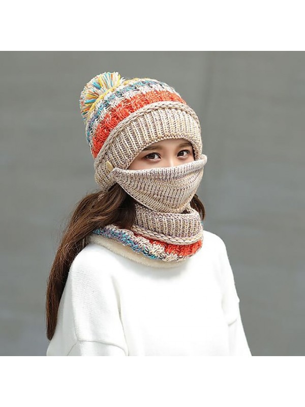 women girls knitted hat scarf mask set winter fleece lined beanie knit ear flaps hat with pompom (pink) #8538024