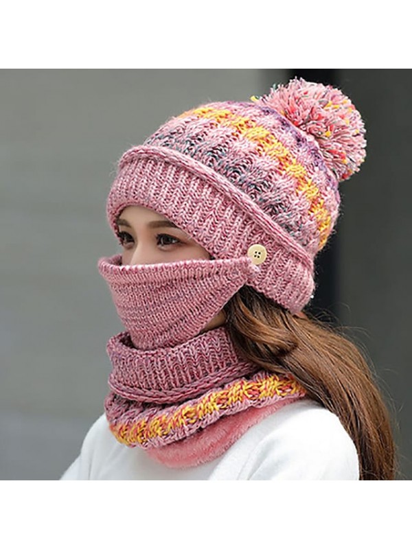women girls knitted hat scarf mask set winter fleece lined beanie knit ear flaps hat with pompom (pink) #8538024