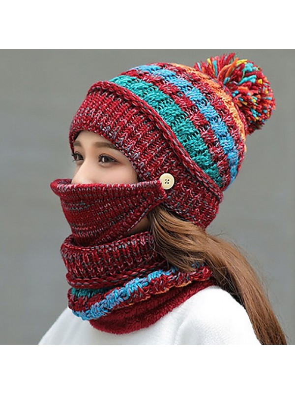 women girls knitted hat scarf mask set winter fleece lined beanie knit ear flaps hat with pompom (pink) #8538024