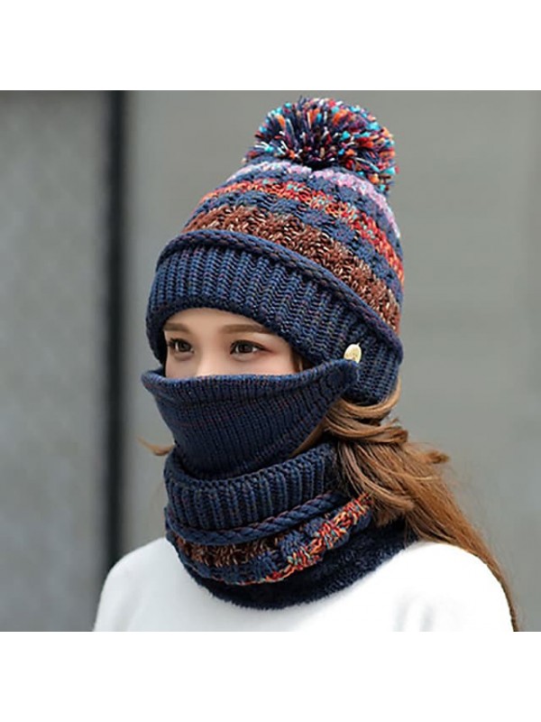 women girls knitted hat scarf mask set winter fleece lined beanie knit ear flaps hat with pompom (pink) #8538024