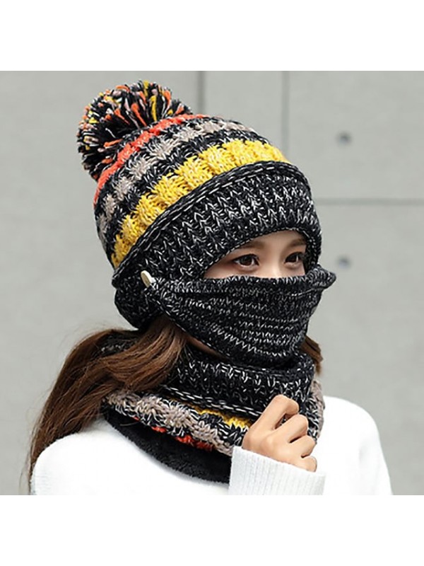 women girls knitted hat scarf mask set winter fleece lined beanie knit ear flaps hat with pompom (pink) #8538024