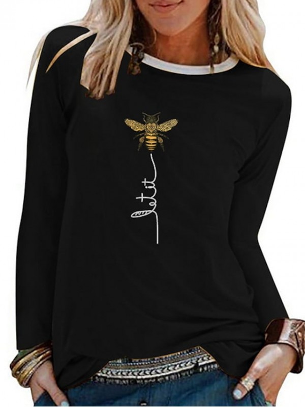 Women's T shirt Floral Round Neck Basic Tops Blue White Black #7946757