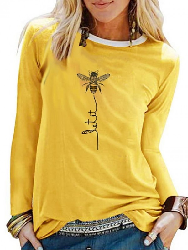 Women's T shirt Floral Round Neck Basic Tops Blue White Black #7946757