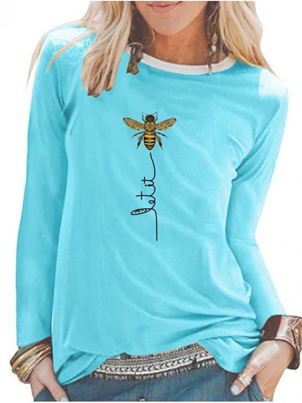 Women's T shirt Floral Round Neck Basic Tops Blue White Black #7946757