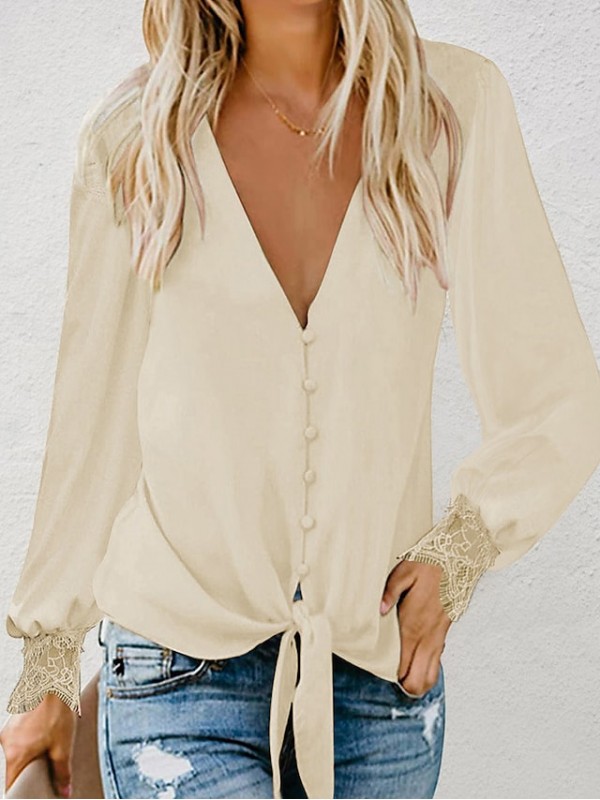 Women's Blouse Plain Long Sleeve Patchwork V Neck Tops Regular Fit White Black Pink #8828090